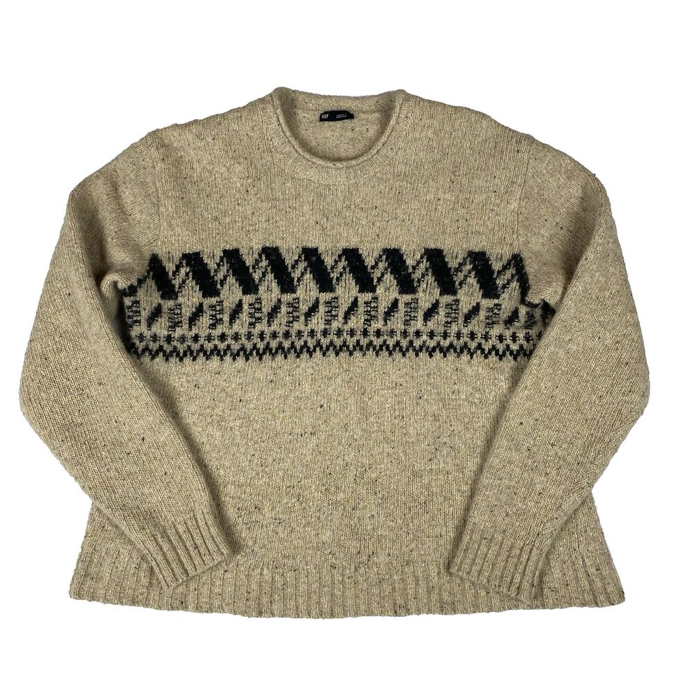 Gap Mens L Tall Wool Blend Roll Neck Crew Sweater Fair Isle Oatmeal Donegal
